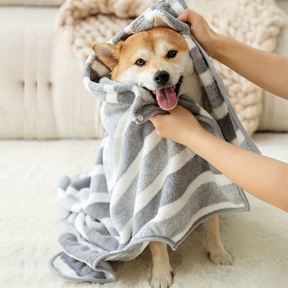 Gray Striped Microfiber Pet Bath Wrap with Adjustable Closure in Small, Medium and Large Sizes