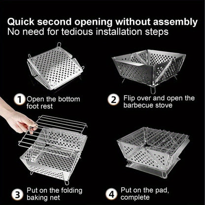 Wood Burning Camp Stove Portable Stainless Steel, Mini Folding Charcoal BBQ Grill, Camping Wood Stove Burner