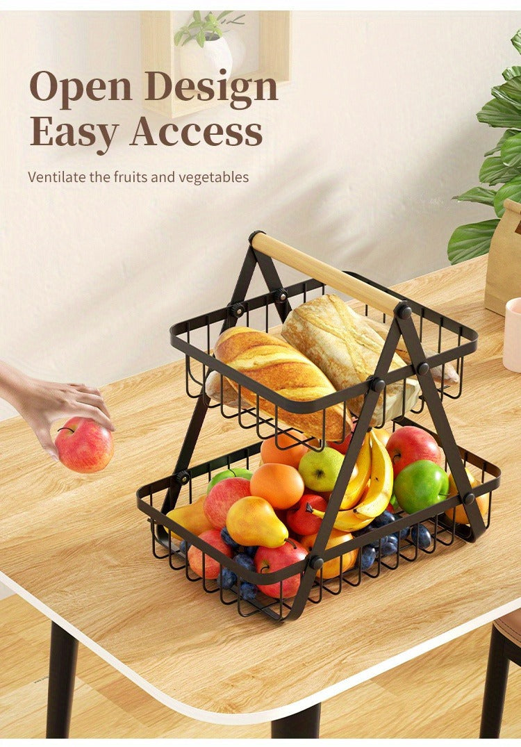 Two-Tier Black Wire Fruit Basket with Wood-Look Carry Handle and 12.2-Inch Countertop Frame
