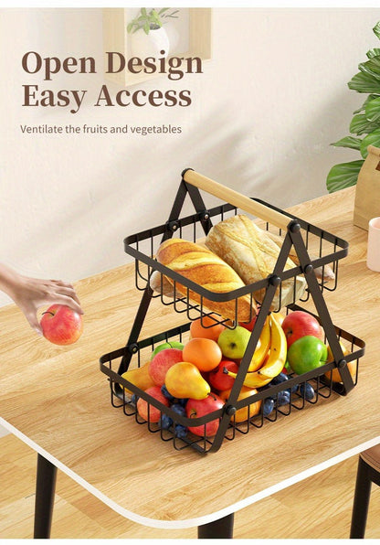 Two-Tier Black Wire Fruit Basket with Wood-Look Carry Handle and 12.2-Inch Countertop Frame