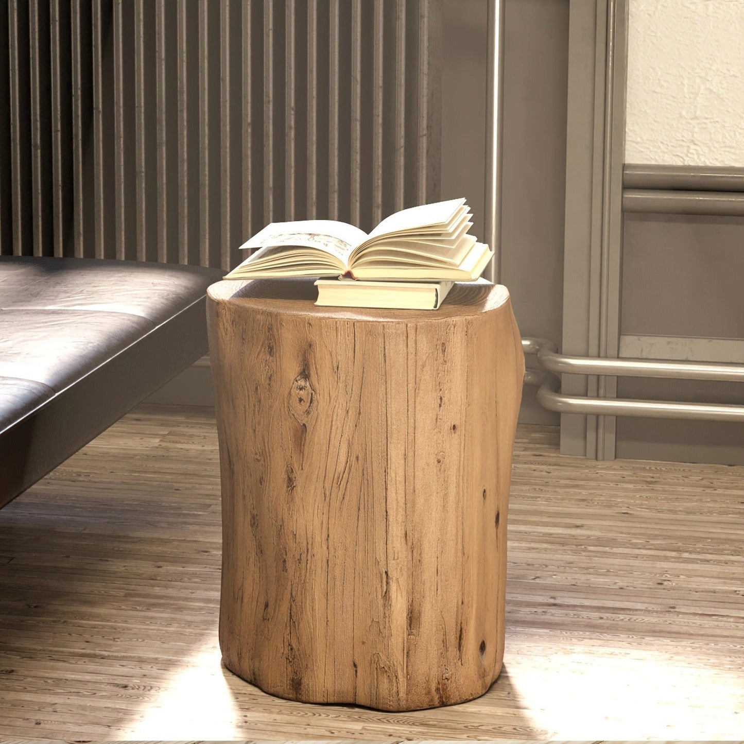 Outdoor Side Table Faux Wood Tree-Stump Design in Magnesia with Cylindrical Form and Brown Finish