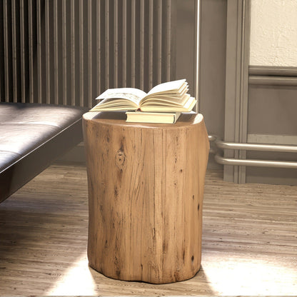 Outdoor Side Table Faux Wood Tree-Stump Design in Magnesia with Cylindrical Form and Brown Finish