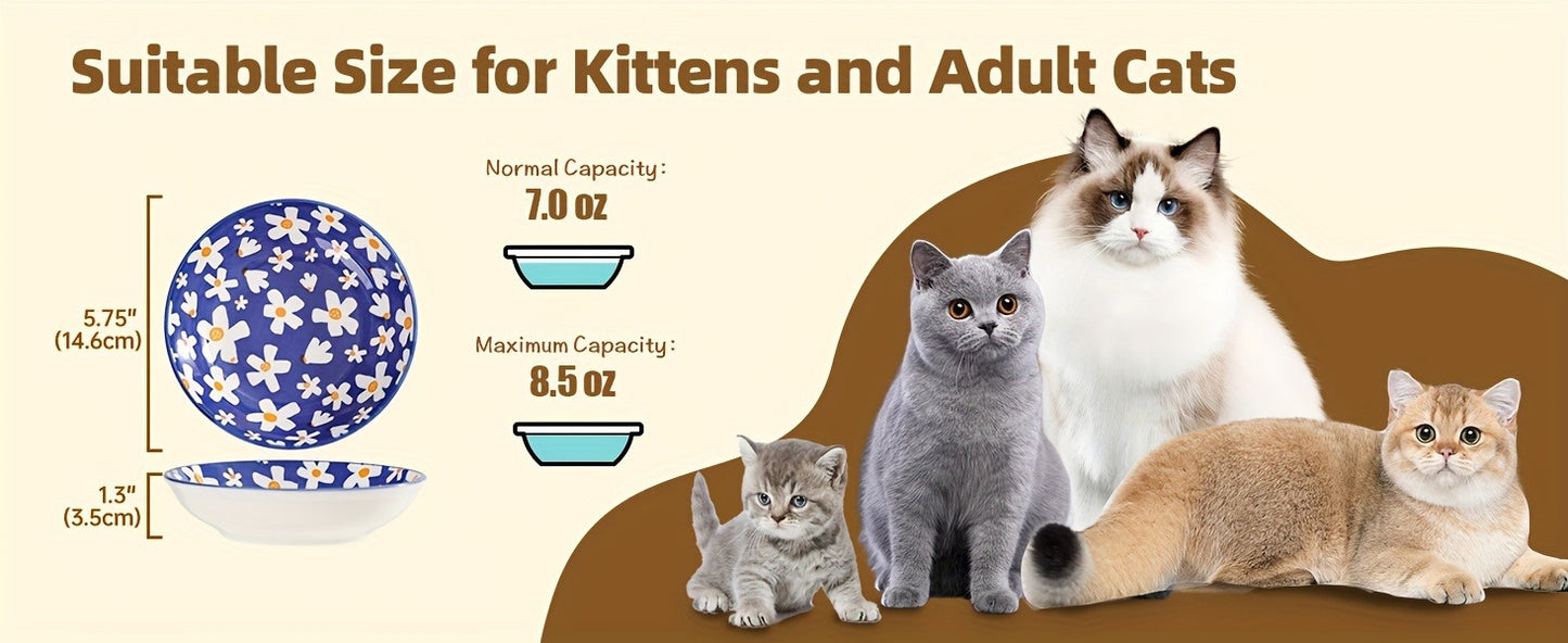 Ceramic Cat Bowls Set of 6 – Shallow Wide Cat Food Plate Whisker Friendly with Non-Slip Mat, Fairy Tales Colorful Design