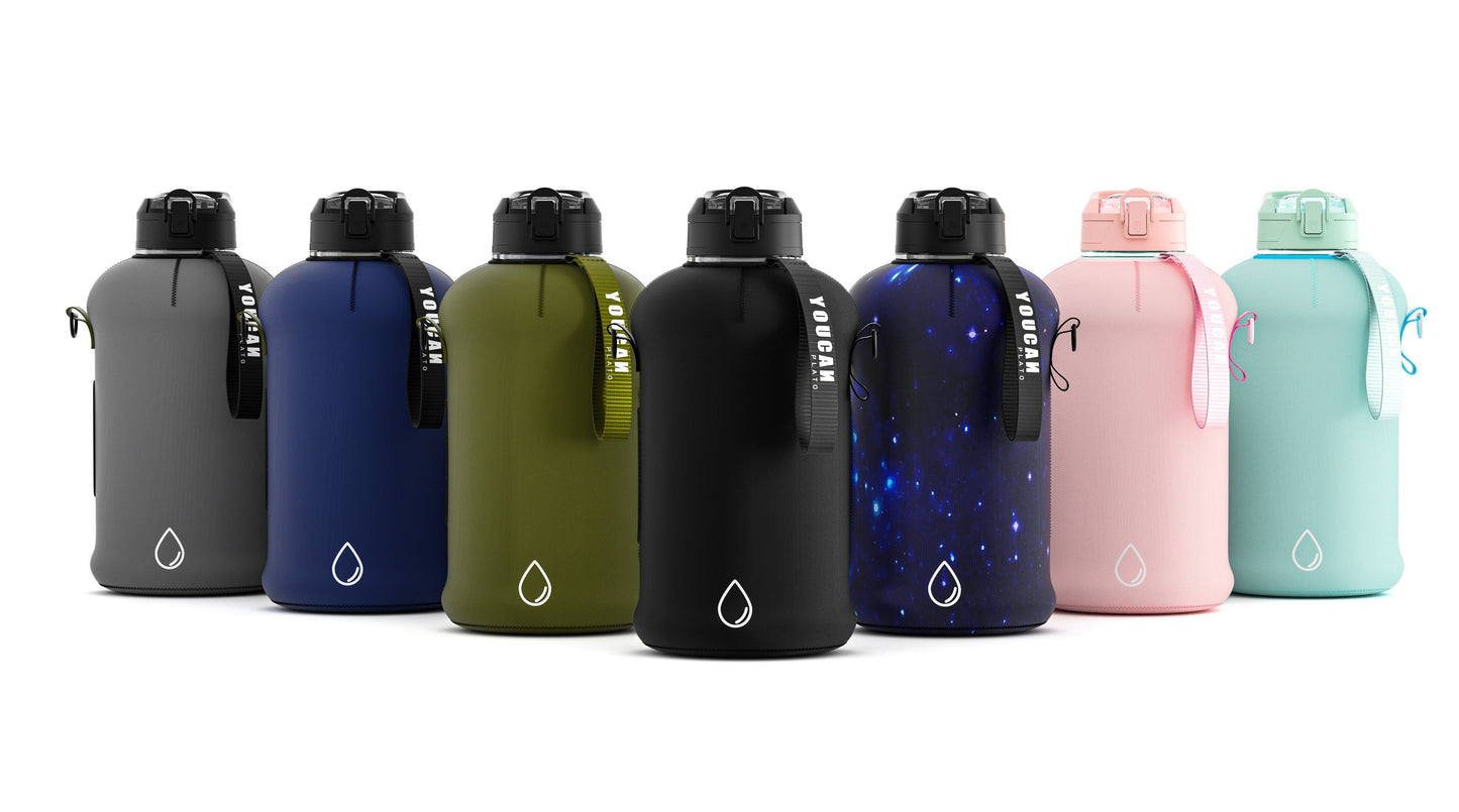 Half Gallon Water Bottle 74oz with Insulated Sleeve, Straw & Time Marker – BPA Free Leakproof Large Sports Jug with Carrying Handle & Strap