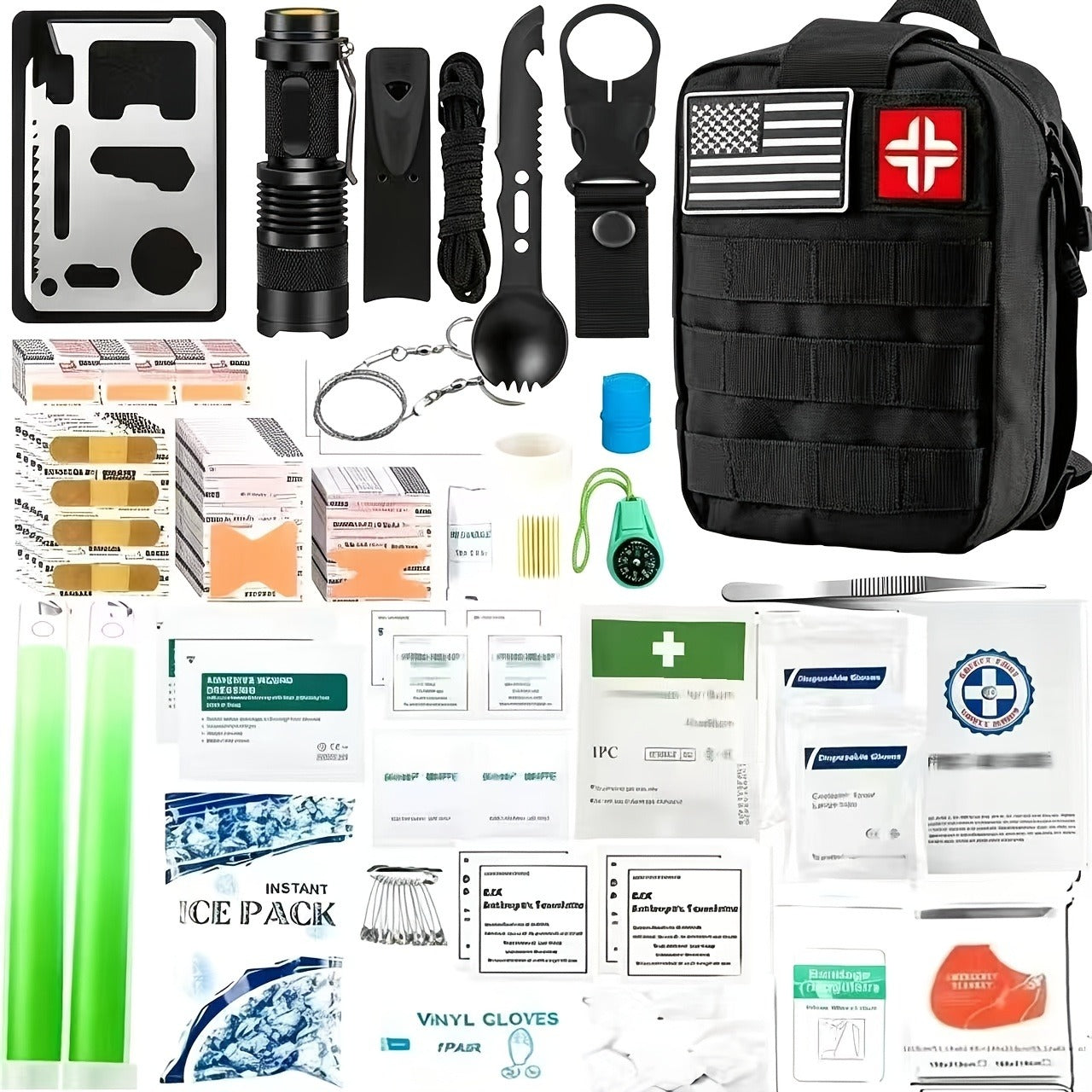 217-Piece Outdoor Tool and First Aid Supply Kit with MOLLE Bag in Nine Color-Labeled Options