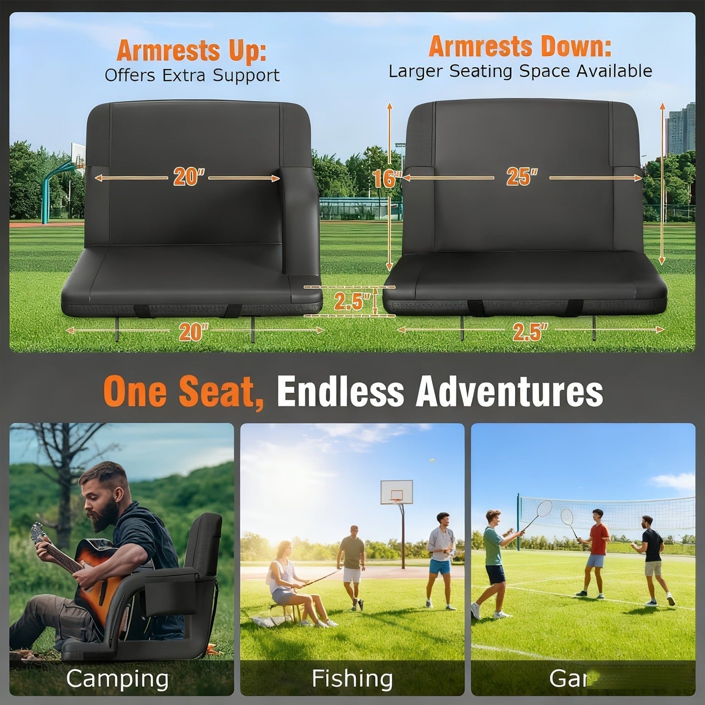 Heated Stadium Seat with Back Support for Bleachers 6 Reclining Positions 3 Heat Levels Dual-Zone USB Heated Bleacher Chair with 5 Storage