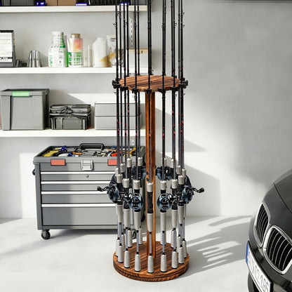 Fishing Rod Rack Holds 16 Rods – Circular Wooden Pole Holder with 360° Rotating Base Option – Space-Saving Wall-Free Fishing Rod Organizer