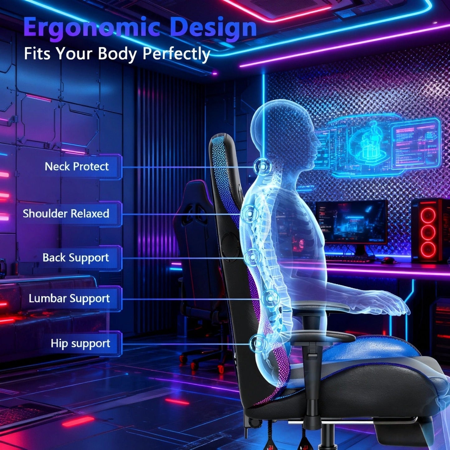 Gaming Chair with 7-Point Vibration Massage, Bluetooth Speakers, RGB Lighting, Footrest and 400lb Rating