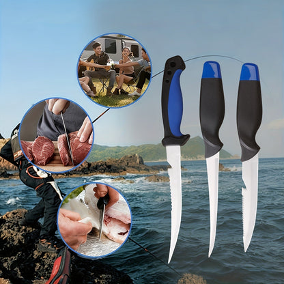 Fishing Knife Set 3-Piece Stainless Steel Fillet Boning Knife with Cut Resistant Gloves Fishing Line Cutter Stretch Rope for Fishing Camping