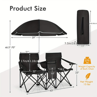 Folding Picnic Chair Set for 2, Umbrella, Cooler Bag & Table, 600 Lbs Capacity, Portable, for Camping, Travel and Outdoor Use