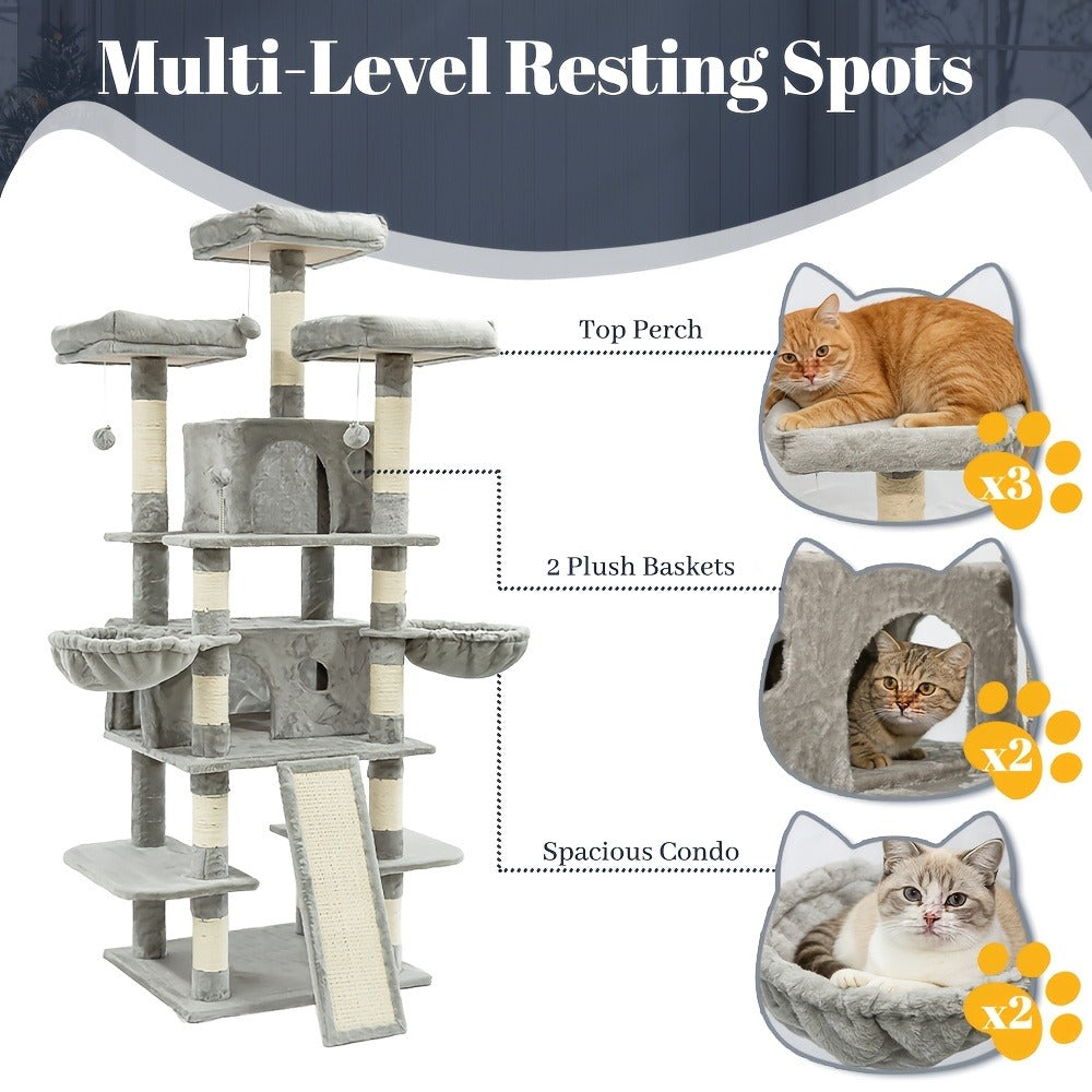 Large Multi-Level Cat Tower with Two Condos, Three Perches, Hammocks and Six Gray, Beige or Taupe Configurations