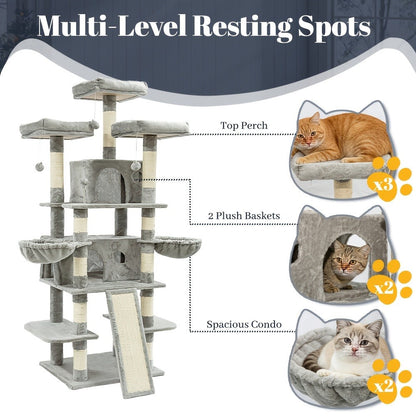 Large Multi-Level Cat Tower with Two Condos, Three Perches, Hammocks and Six Gray, Beige or Taupe Configurations
