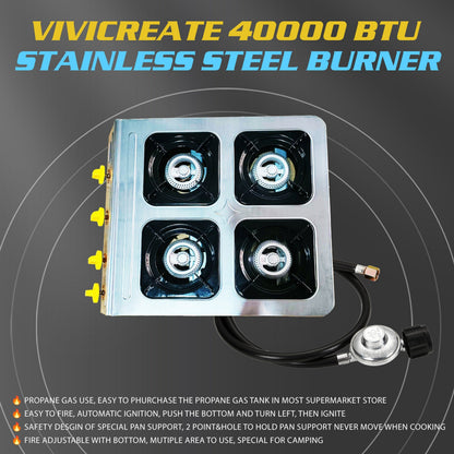 4 Burner Propane Stove 40000 BTU Auto Ignition Outdoor Gas Cooker for Camping Garden Fishing Hiking for Garden, Patio and Yard Use
