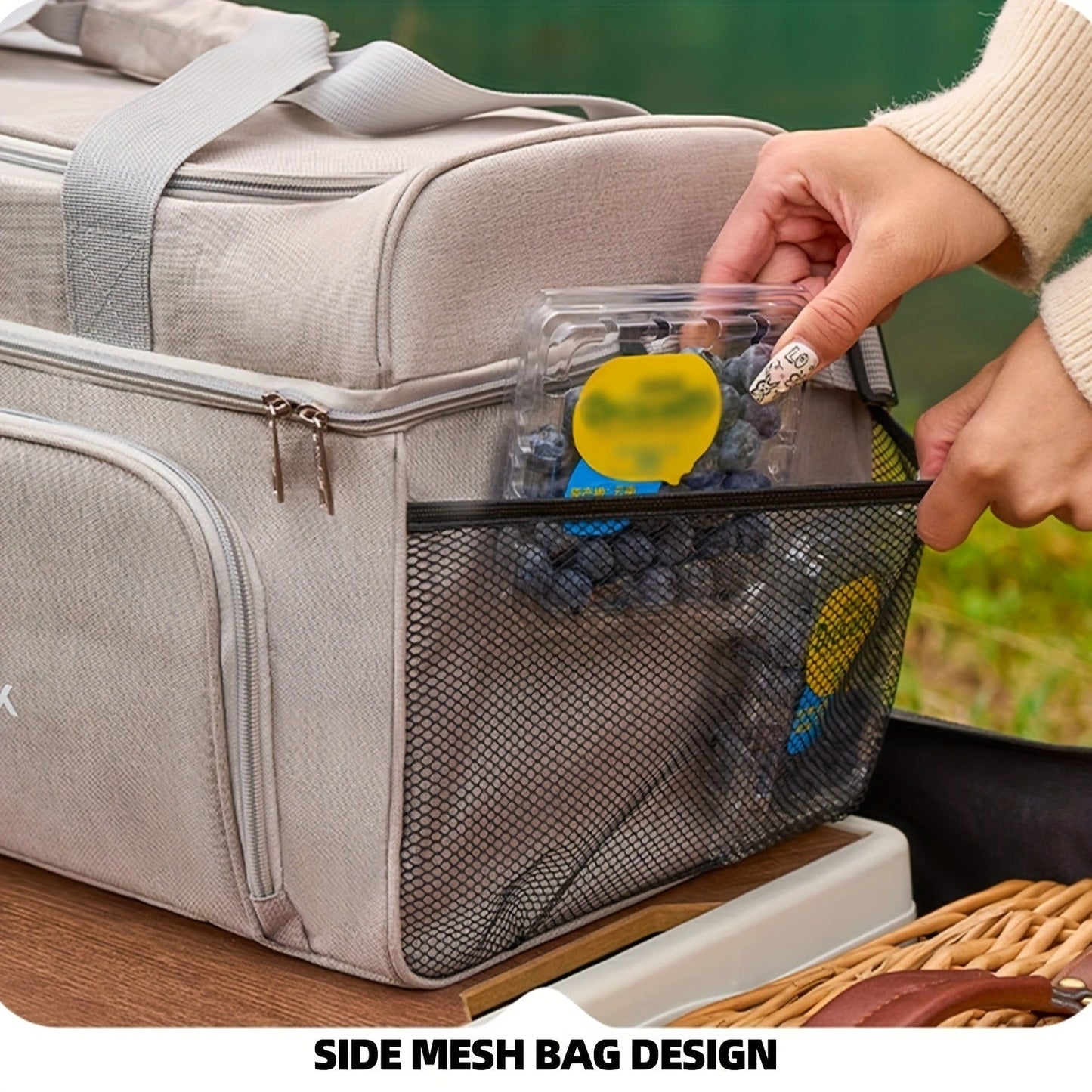 Insulated Picnic Basket Foldable Wicker with Cooler Box – Large Capacity Thermal Lunch Carrier Bag for Outdoor Camping, Beach & Picnics