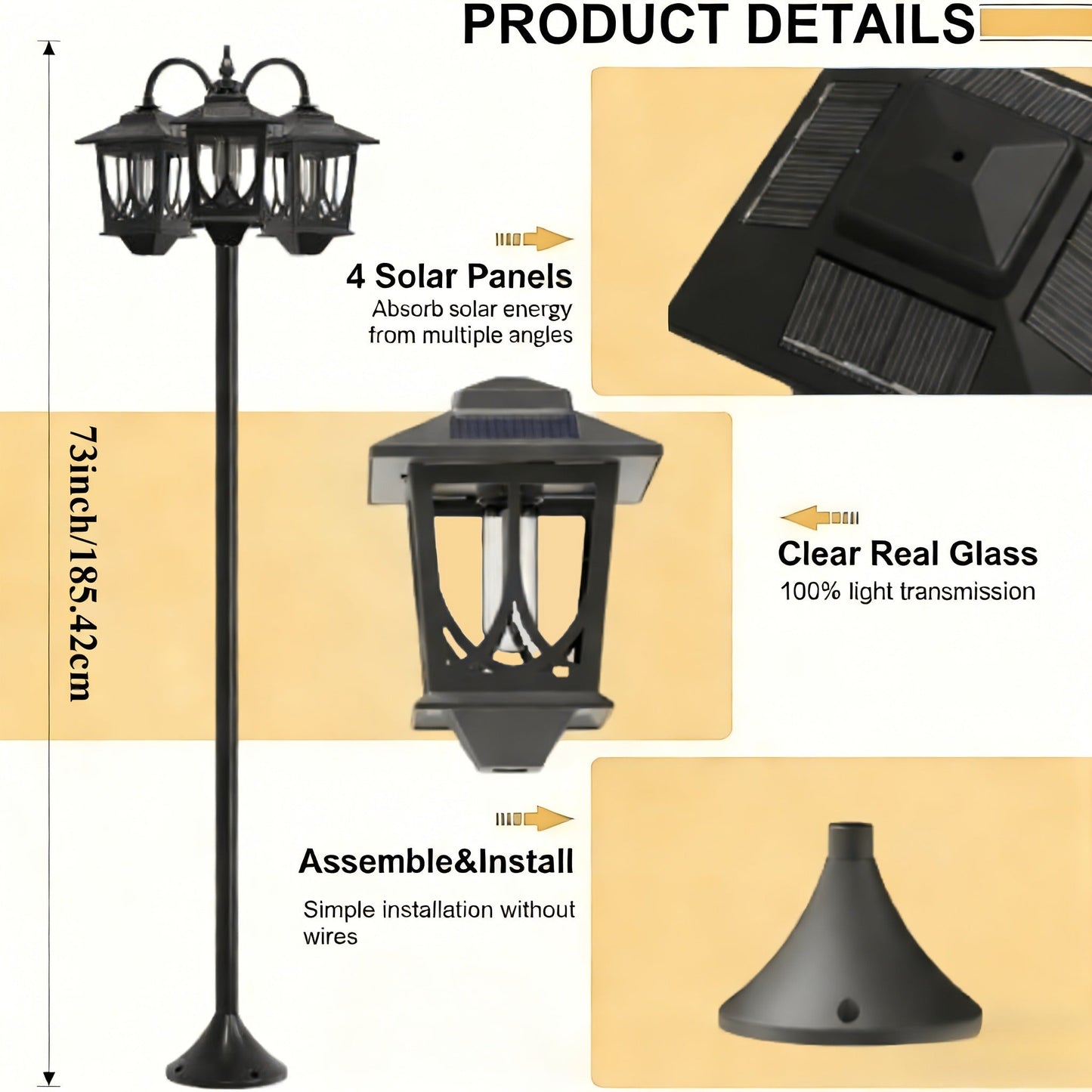 Three-Head Solar Lamp Post, Up to 73 Inches with Four Height Settings and 3000K Light Label