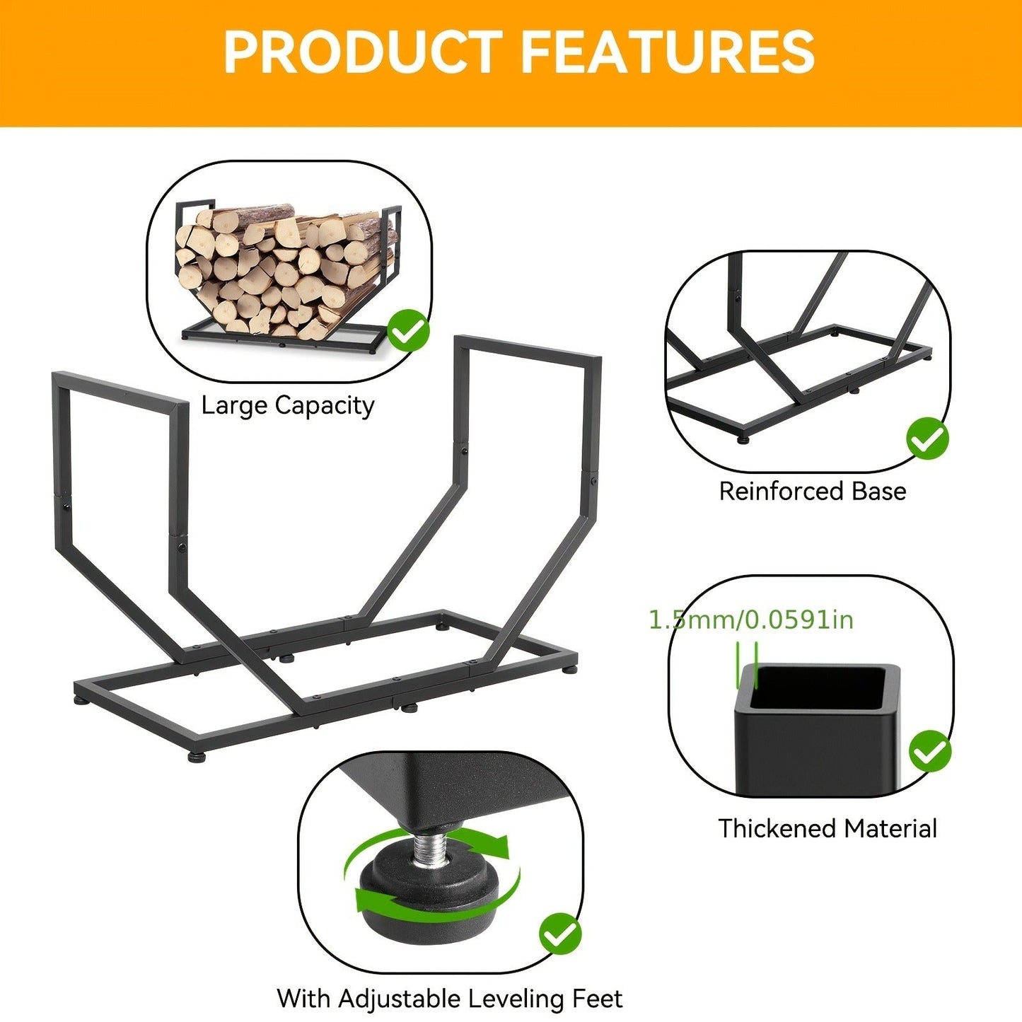 Firewood Rack Outdoor Indoor Heavy Duty Metal Log Holder with Adjustable Feet
