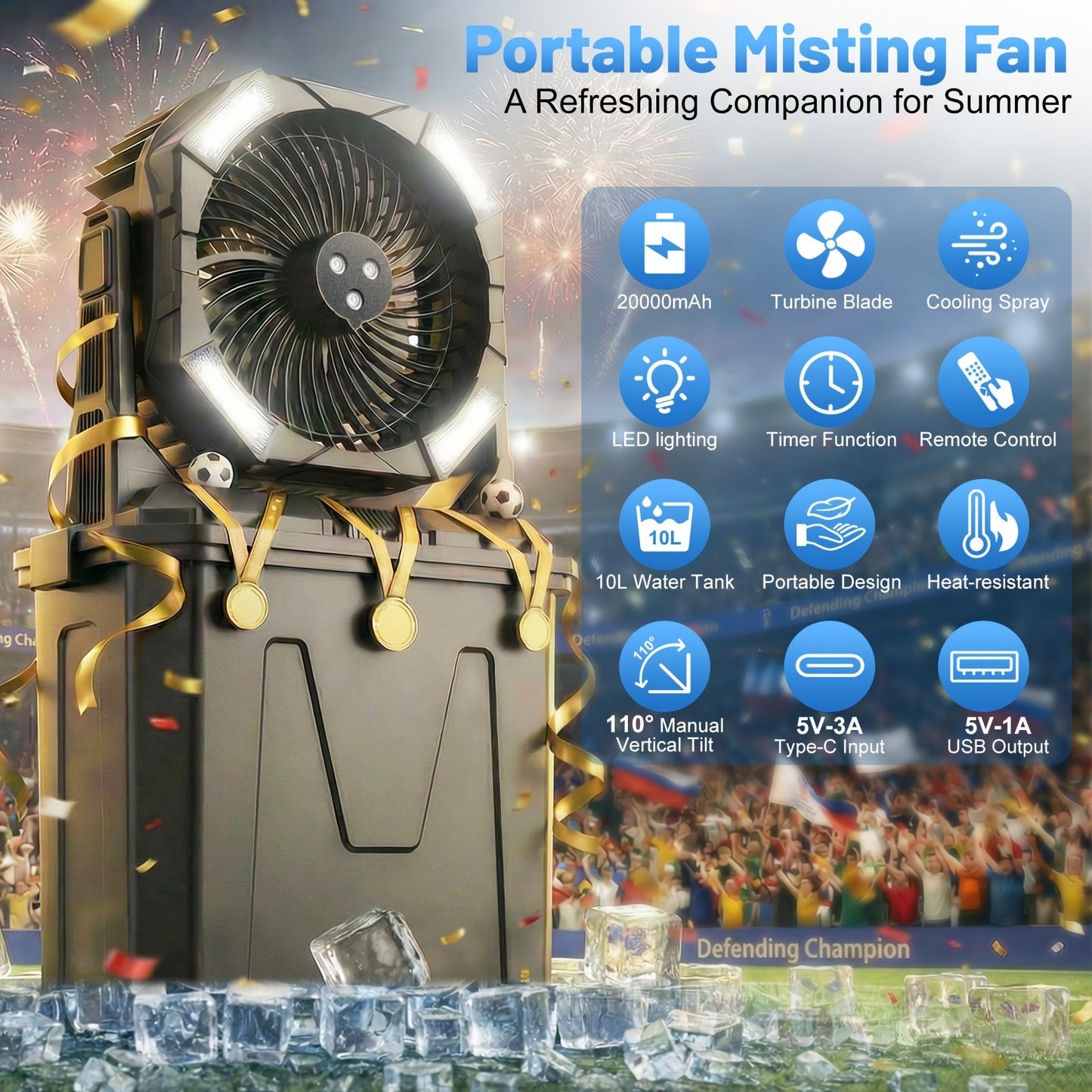 Misting Fan Portable Outdoor with Water Tank 20000mAh Rechargeable Battery Camping Cooling Spray Fan
