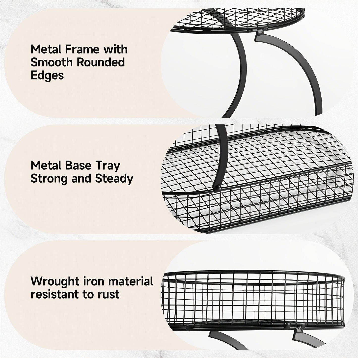 Three-Level Black Wire Fruit Basket with Two Round Bowls and 15.75-Inch Rectangular Base Tray