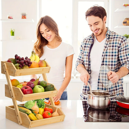 Fruit Basket Stand 2 & 3 Tier Wooden Countertop Organizer Large Capacity Kitchen Storage for Fruits Vegetables Bread Produce with Banana