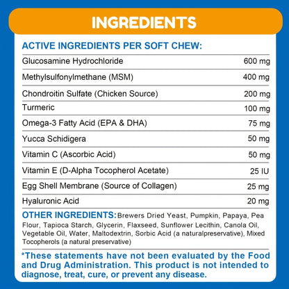 Chicken-Flavor Dog Supplement Soft Chews with Glucosamine, Chondroitin, MSM and Vitamins, 120 Count