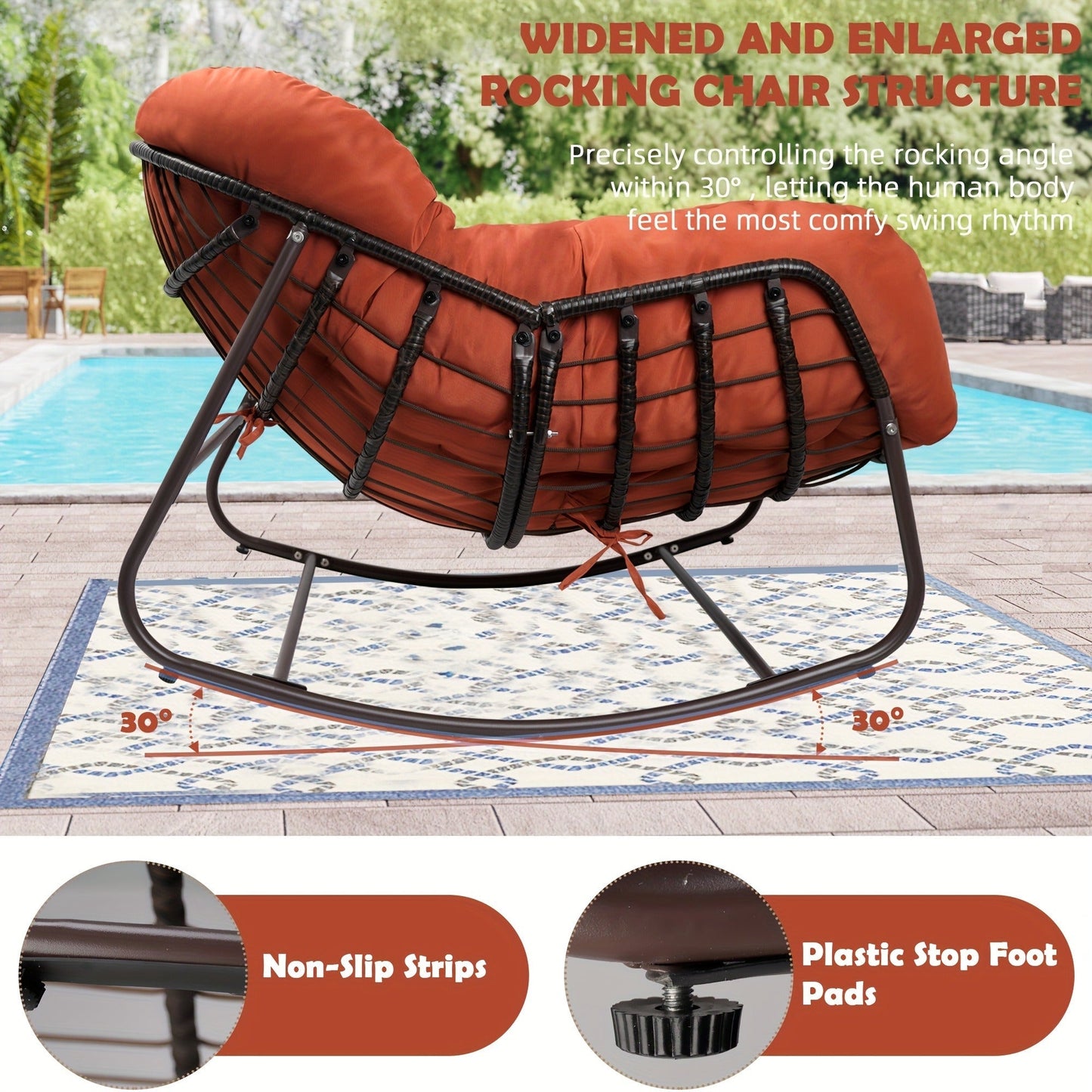 Papasan Rocking Chair Outdoor Wicker Egg Chair with Cushion & Pillow, Large Patio Rocker for Garden