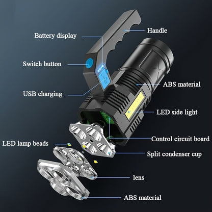 Flashlight 6-Pack Rechargeable Hand Torch Set with Main Beam, COB Side Light and Power Display