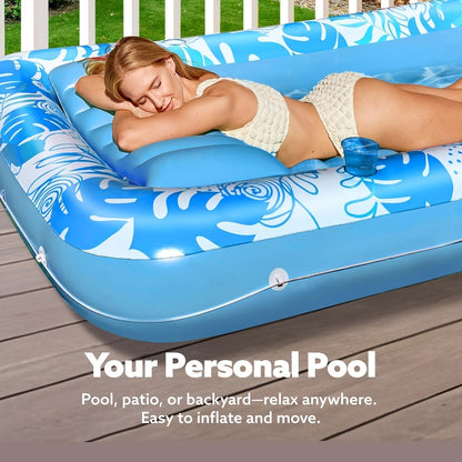 Tanning Pool Float 4-in-1, Inflatable Sunbathing Lounger with Detachable Pillow, Cup Holder & Wrap Rope
