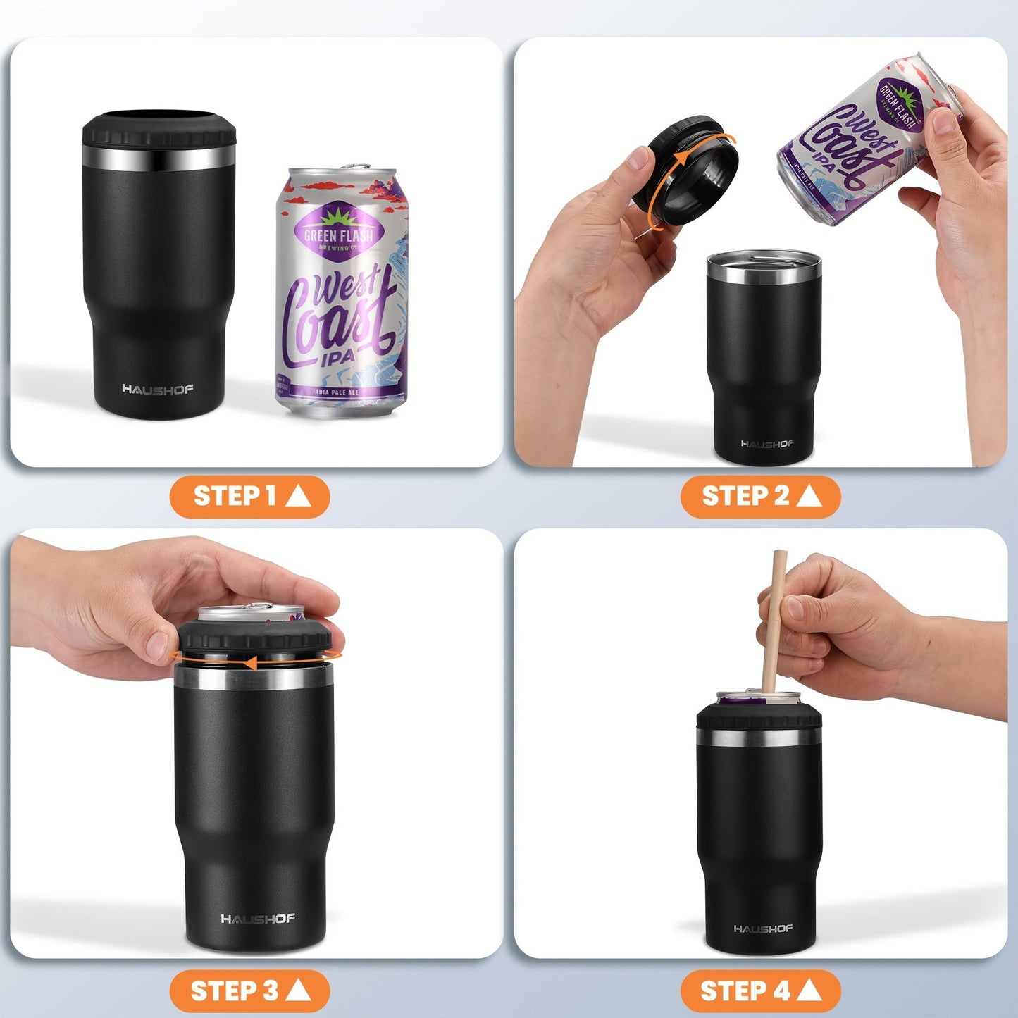 Can Cooler Insulated Stainless Steel 4-in-1 for 12 oz Standard Slim Can & Beer Bottle – Double Wall Sweat-Proof Beer Koozie for Camping