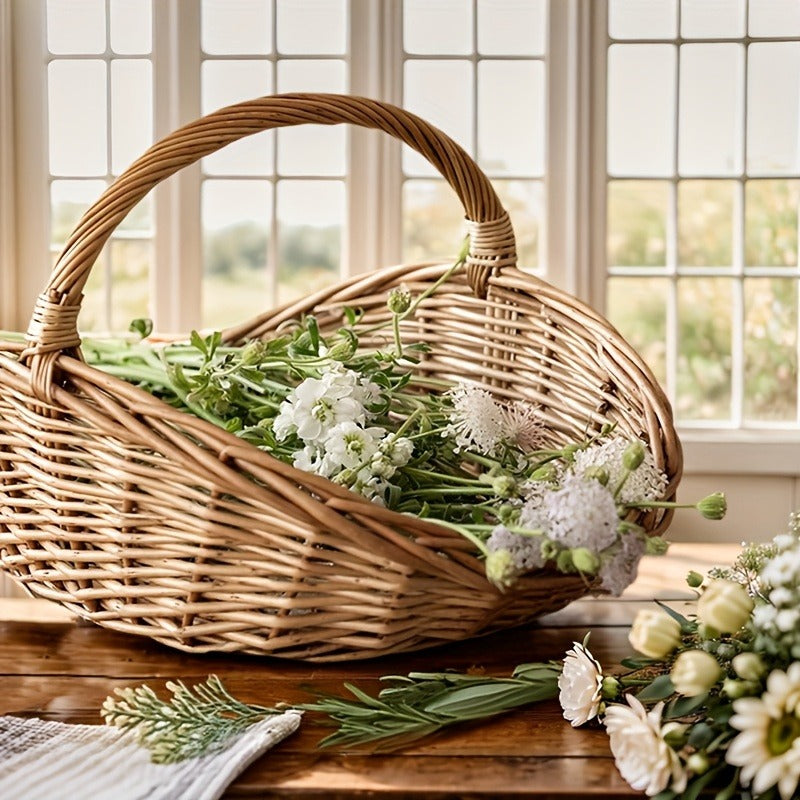 Natural Wicker Storage Basket with Thick-Wall Oval Design for Flowers, Produce and Farmhouse Display