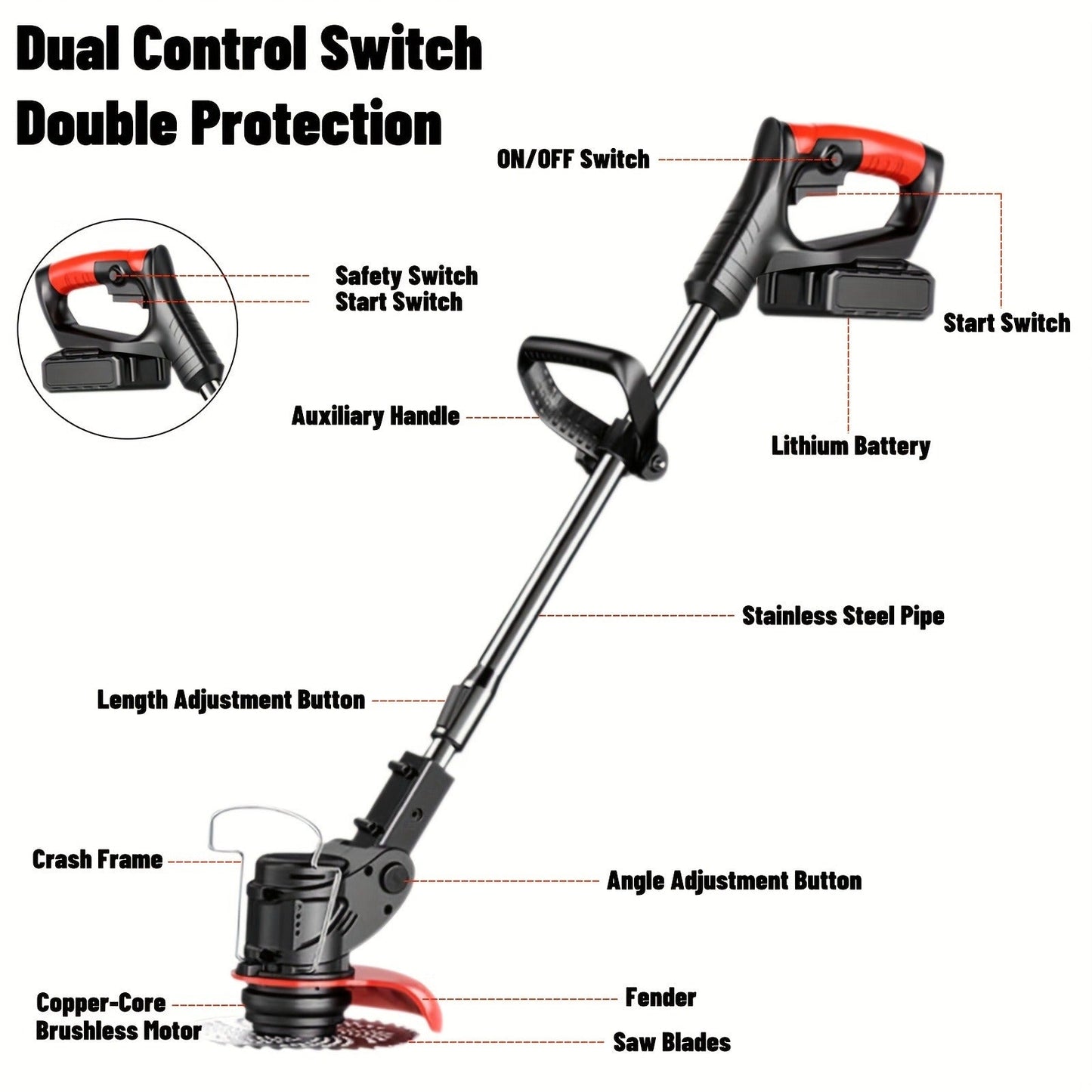 Cordless String Trimmer 24V 800W, Weed Wacker with 2 Batteries, Charger & 3 Blades, Adjustable Head