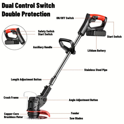 Cordless String Trimmer 24V 800W, Weed Wacker with 2 Batteries, Charger & 3 Blades, Adjustable Head