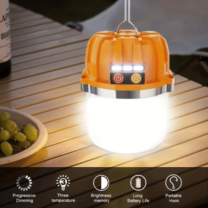Orange Hanging Camping Lantern with Three Brightness Settings, Type-C Charging Port and Integrated Hook