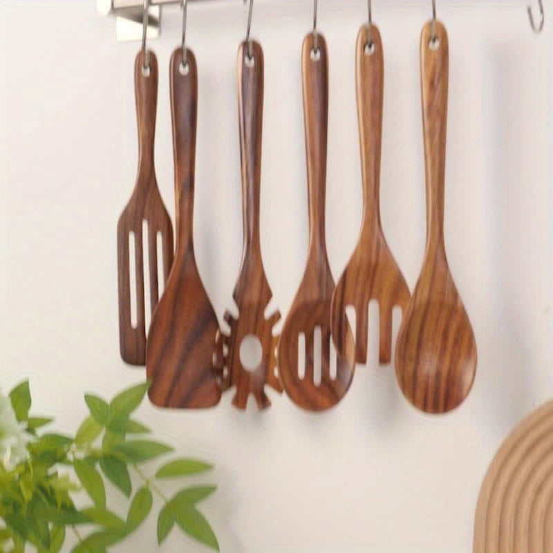 Wooden Cooking Utensils Set 6 Piece – Teak Wood Non-Stick Kitchen Tools with Comfortable Grip | Sturdy, Lightweight & Heat-Resistant