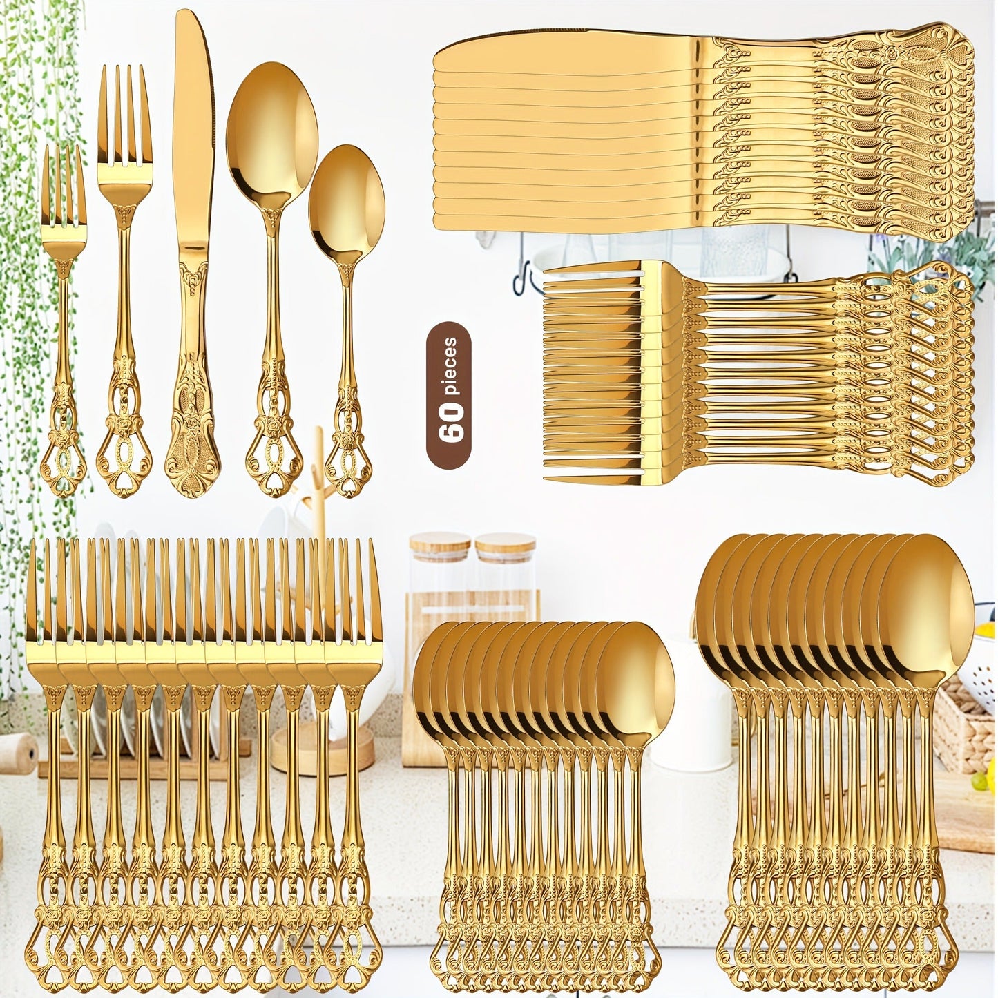 Stainless Steel Flatware Set – Vintage Royal Golden & Silver Silverware Set for 6, Rust-Resistant Dishwasher Safe Cutlery with Forks