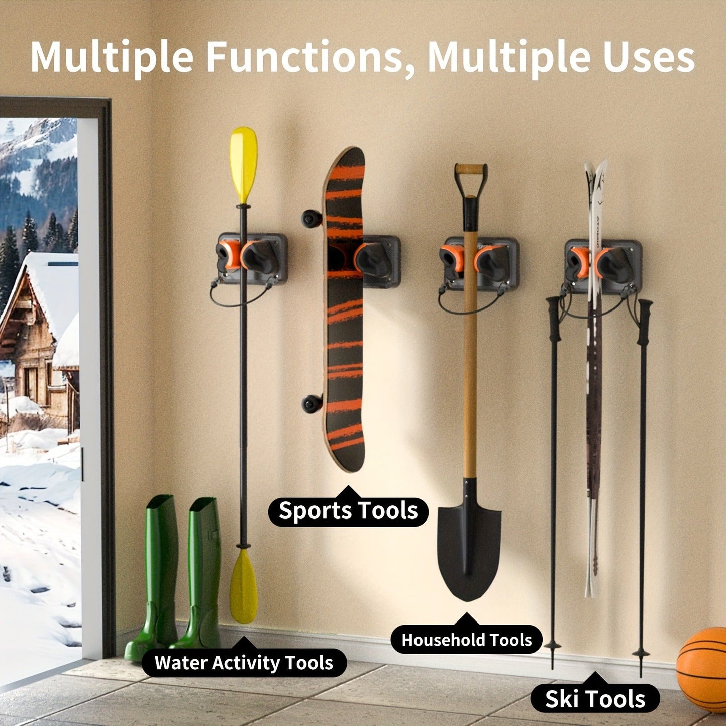 Wall-Mounted Ski & Sports Equipment Storage Rack – Heavy Duty Garage Organizer Hook Set, Holds Up to 100 lbs