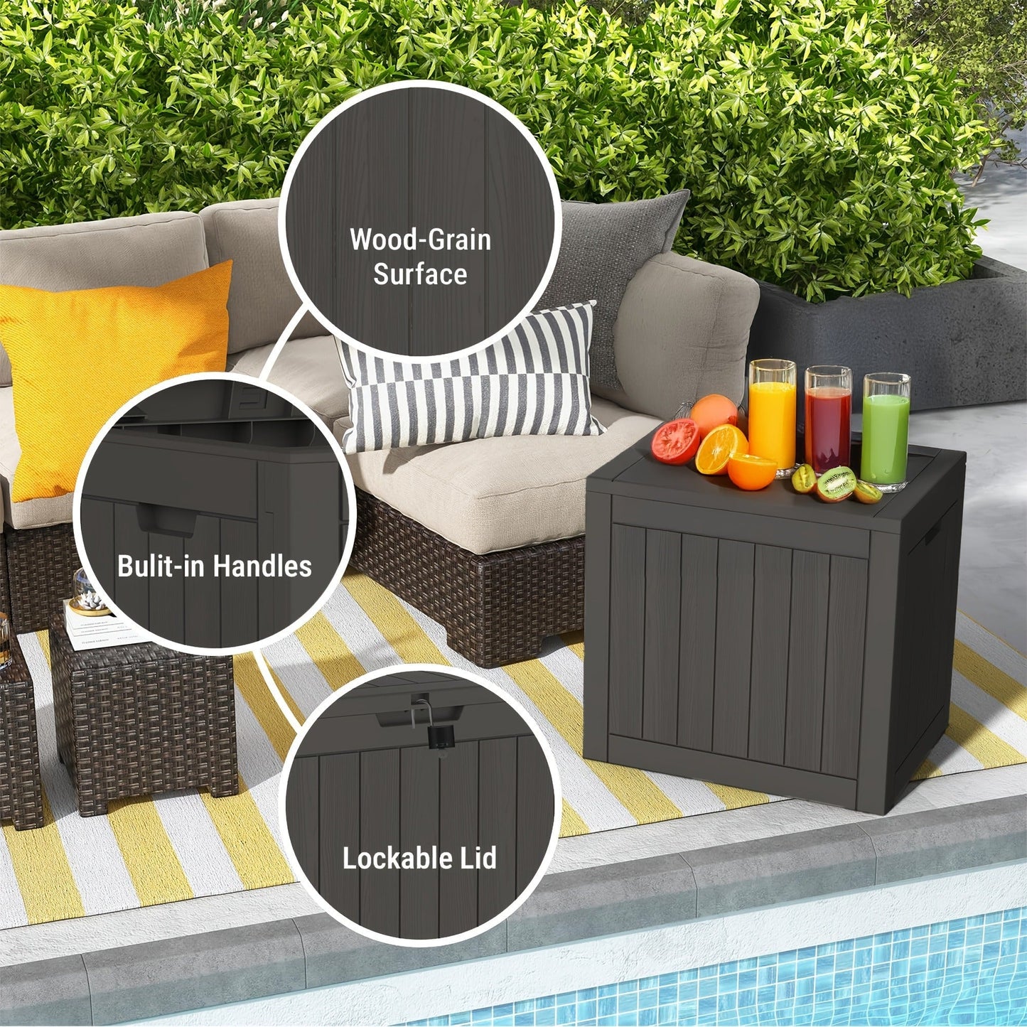 Outdoor Resin-Style Deck Box in 35- or 45-Gallon Sizes with Lockable Lid, Side Handles and Two Colors
