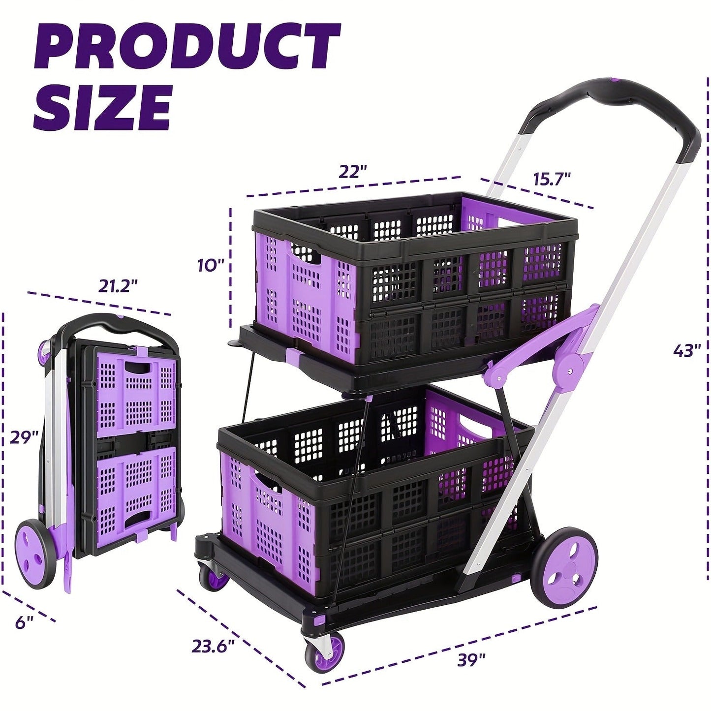 Collapsible Utility Cart Foldable Shopping Trolley 4-Wheel 360° Swivel Locking Brake Portable Dolly for Grocery Mall Camping Pink Purple