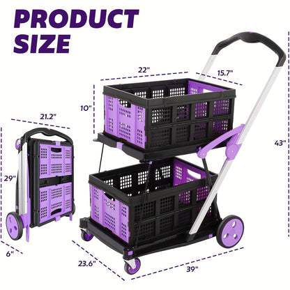Collapsible Utility Cart Foldable Shopping Trolley 4-Wheel 360° Swivel Locking Brake Portable Dolly for Grocery Mall Camping Pink Purple