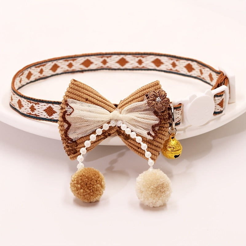 Cat Collar Set 6 Pack Decorative with Bow Lace Bells & Hanging Beads, Safety Breakaway Buckle Anti-Choke Cat Necklace Collar