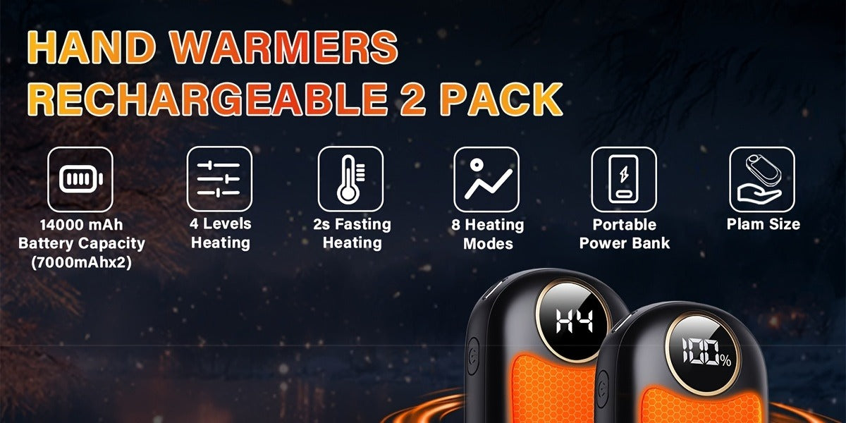 Rechargeable Hand Warmers 2 Pack – Dual-Sided Electric Pocket Heater with Power Bank & LED Light, 36Hrs Warmth, 4 Heat Levels