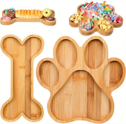 Bamboo Pet Food Bowl Set – Paw & Bone Shaped Wooden Serving Tray with 5-Compartment Snack Platter, Natural Charcuterie Board for Dogs