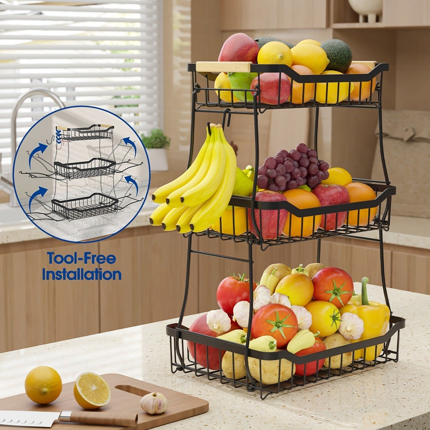 Tiered Fruit Basket Kitchen Organizer with Banana Hook, Removable 2 or 3 Metal Baskets and Wood Handle