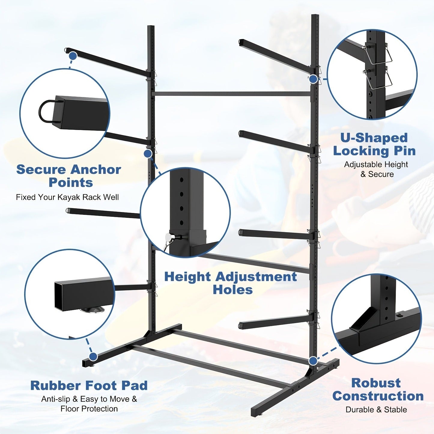 Kayak Storage Rack, Adjustable Stand for SUP, Canoe & Paddle Board, Wall, Dock & Freestanding, 400 lbs Capacity