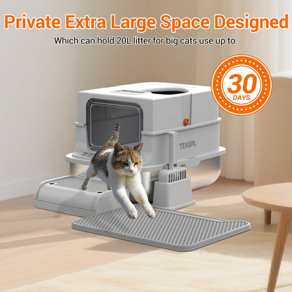 TEKEPL 68L Cat Litter Box with Stainless Steel Basin and Modular Enclosed, Semi-Open or Open Configuration