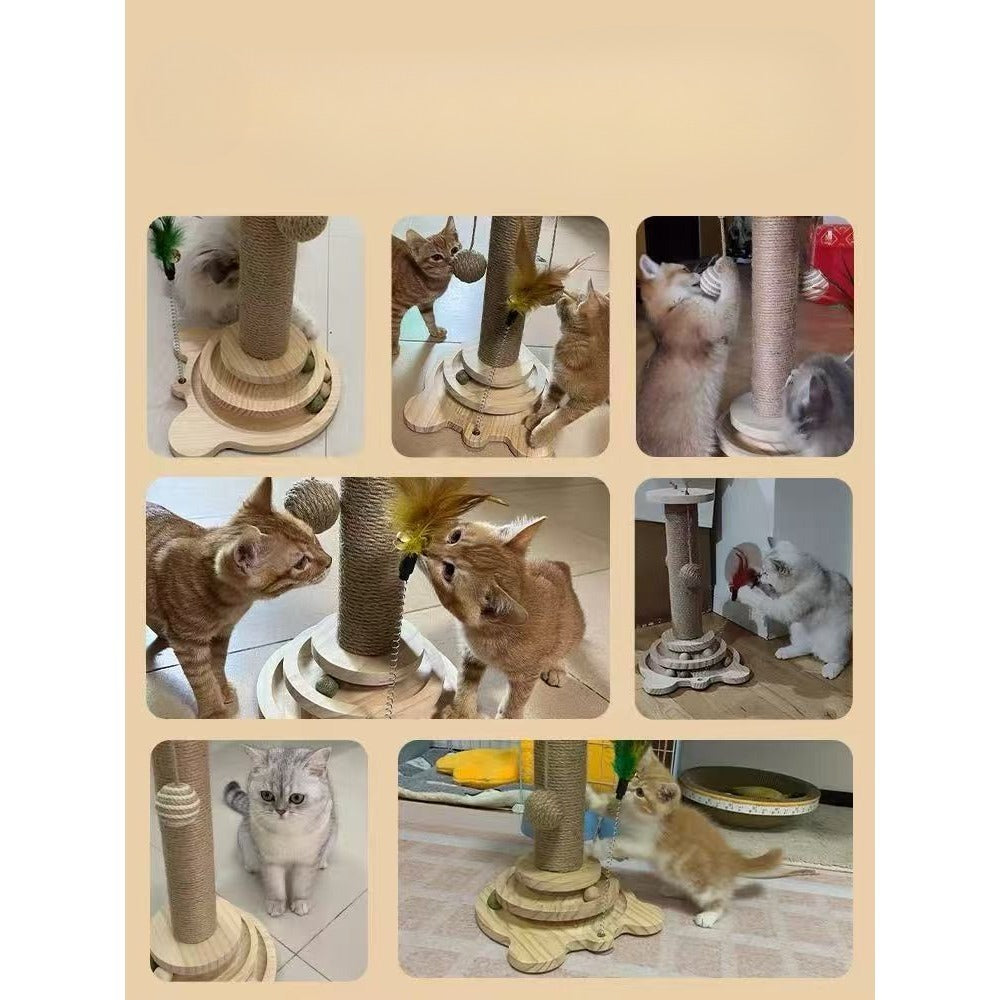 Sisal Cat Scratching Post with Hanging Ball & Turntable Interactive Toy 18.1 Inch – Sturdy Non-Slip Base Suction Cup Bottom for Kittens