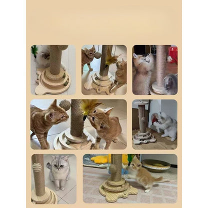 Sisal Cat Scratching Post with Hanging Ball & Turntable Interactive Toy 18.1 Inch – Sturdy Non-Slip Base Suction Cup Bottom for Kittens