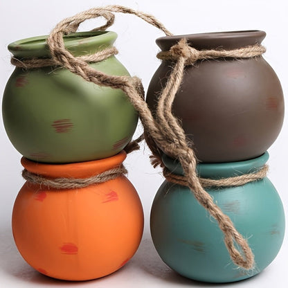 Hanging Planters Set of 4 Bohemian Geometric Porcelain Pots with Hemp Rope