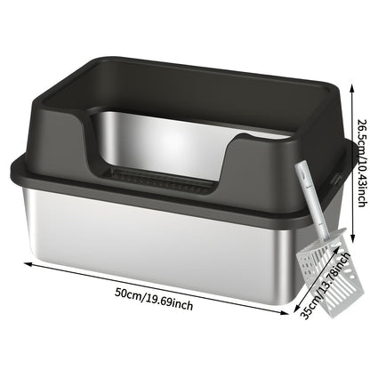 Stainless Steel Cat Litter Box with High-Wall Surround, Front Step, Scoop and 8.46- or 10.43-Inch Wall Options