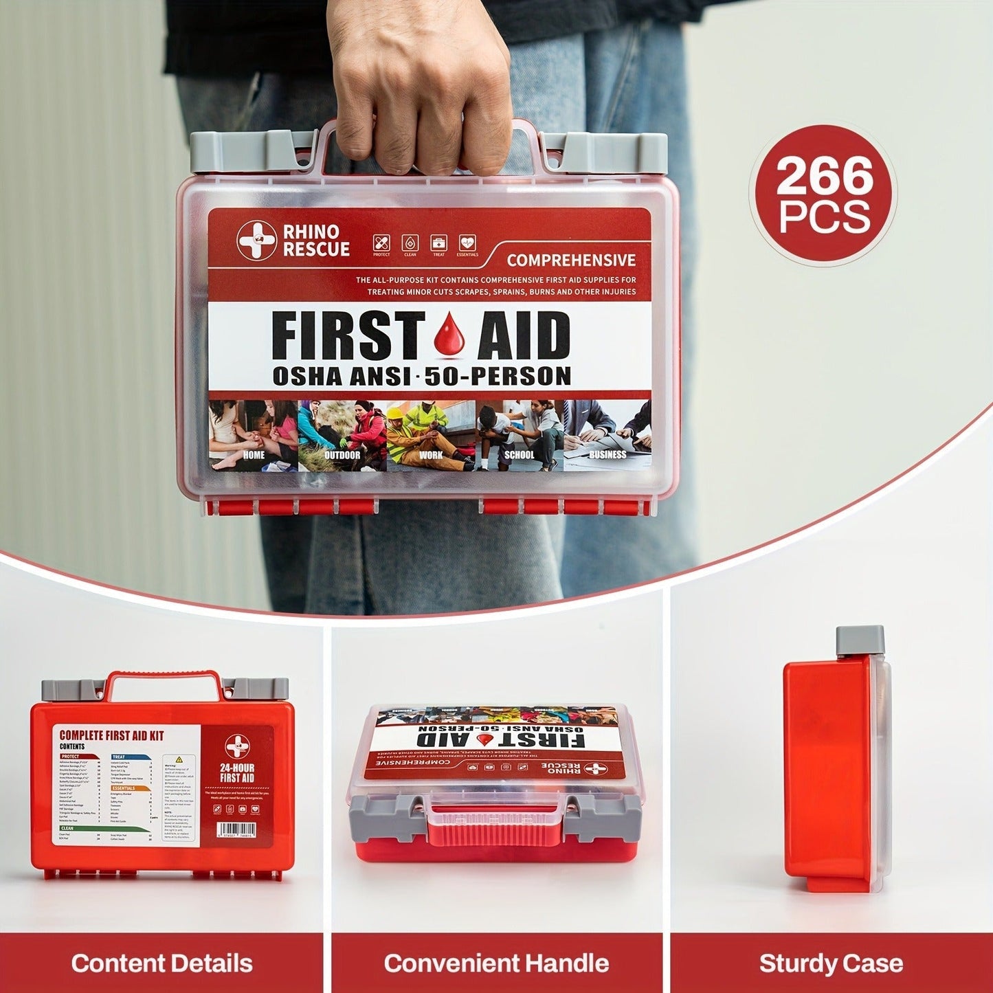 RHINO RESCUE 266-Piece First Aid Kit with Clear Handled Hard Case, Divided Trays and Packed Supplies