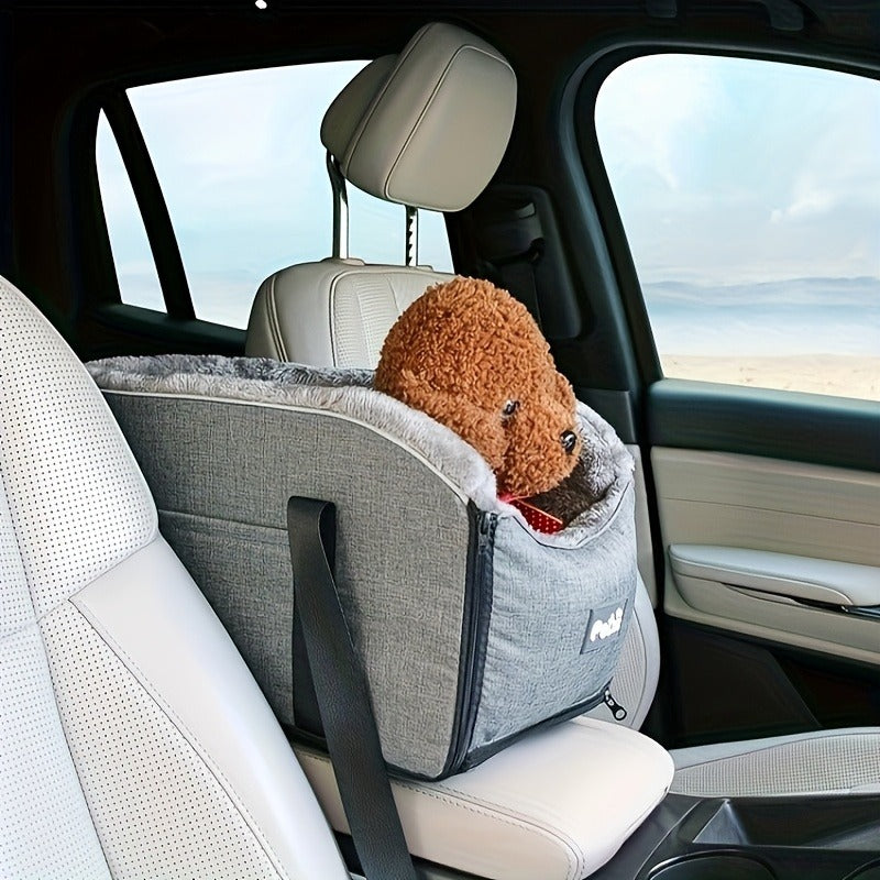 Open-Top Pet Carrier Car Seat Tote with Padded Rim, Attachment Straps, Interior Clip and Grey Fabric Exterior